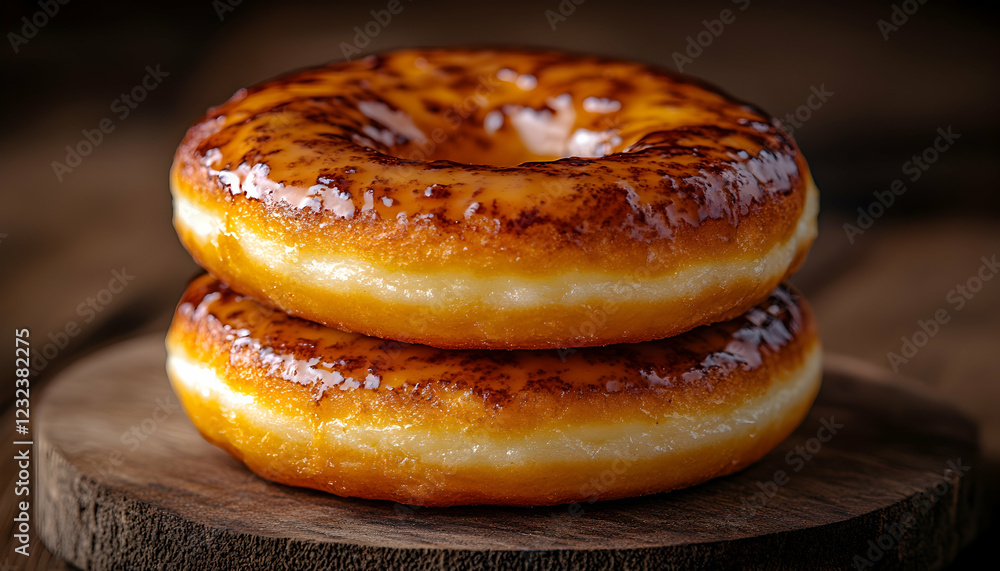 Photo Two Glazed Donuts on Wooden Board Sweet Treat Photo Two Glazed Donuts on Wooden Board Sweet Treat