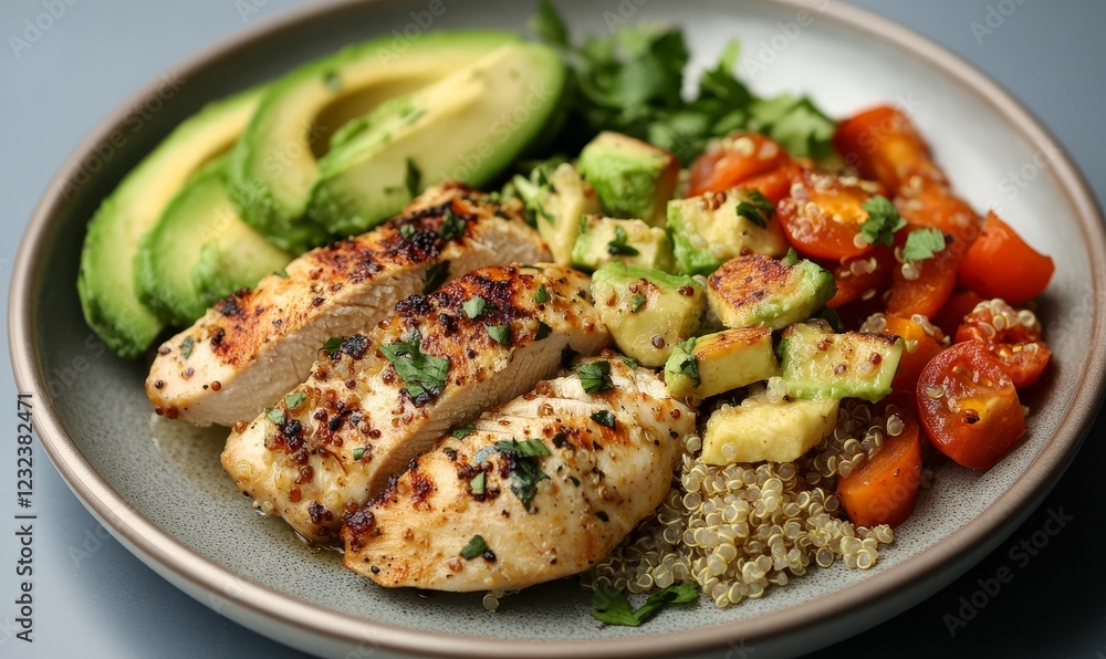 Grilled chicken with avocado, tomato and quinoa meal. Grilled chicken with avocado, tomato and quinoa meal.