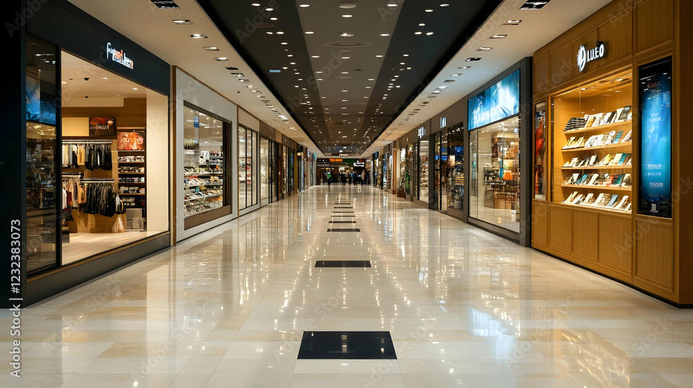 Shiny Floor Reflects Lights in Empty Shopping Mall Hallway with Shops on Both Sides. Shiny Floor Reflects Lights in Empty Shopping Mall Hallway with Shops on Both Sides.