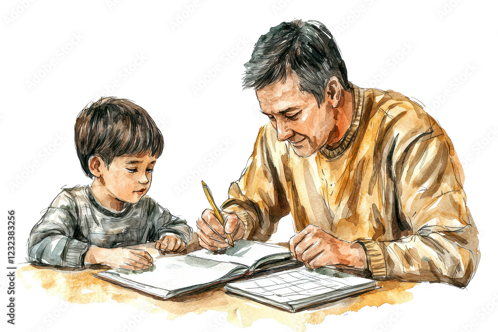 A man and a boy are engaged in a learning activity, with the man writing notes while the boy observes attentively. A man and a boy are engaged in a learning activity, with the man writing notes while the boy observes attentively.