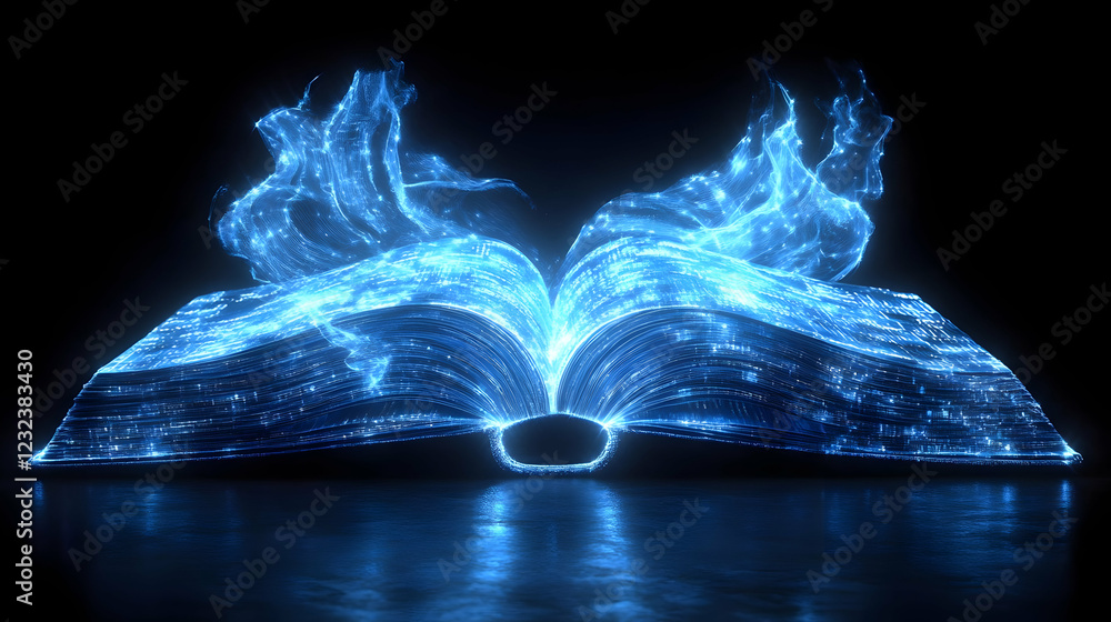 Obraz premium Glowing Blue Open Book with Magical Energy Radiating in a Dark Enchanting Space