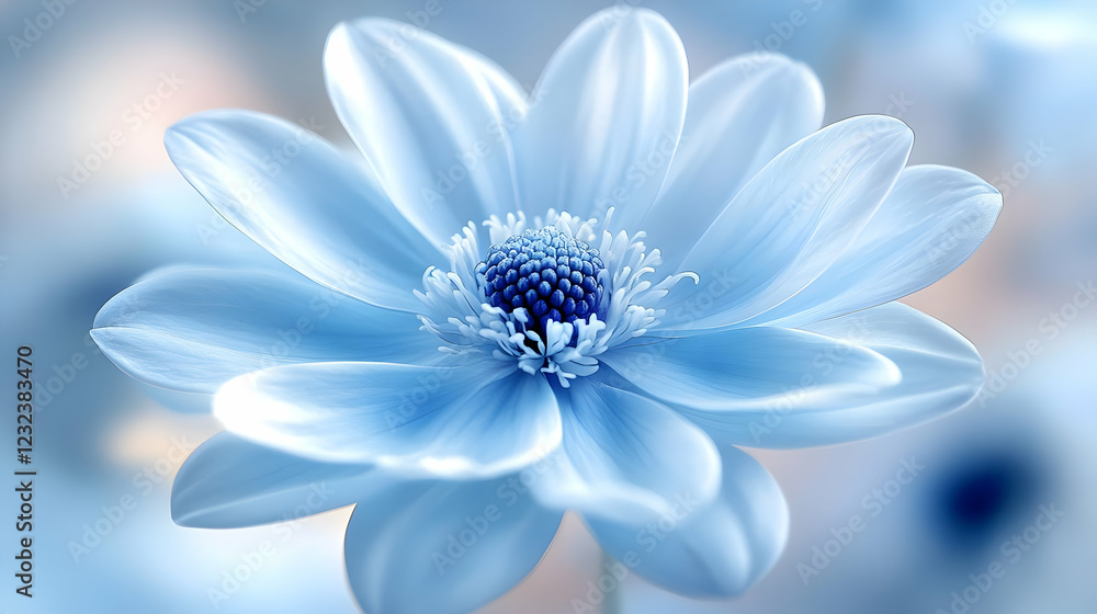 Obraz premium Soft Blue Flower Blooms Gently with Delicate Petals and Intricate Center in a Dreamy Light Blue Background