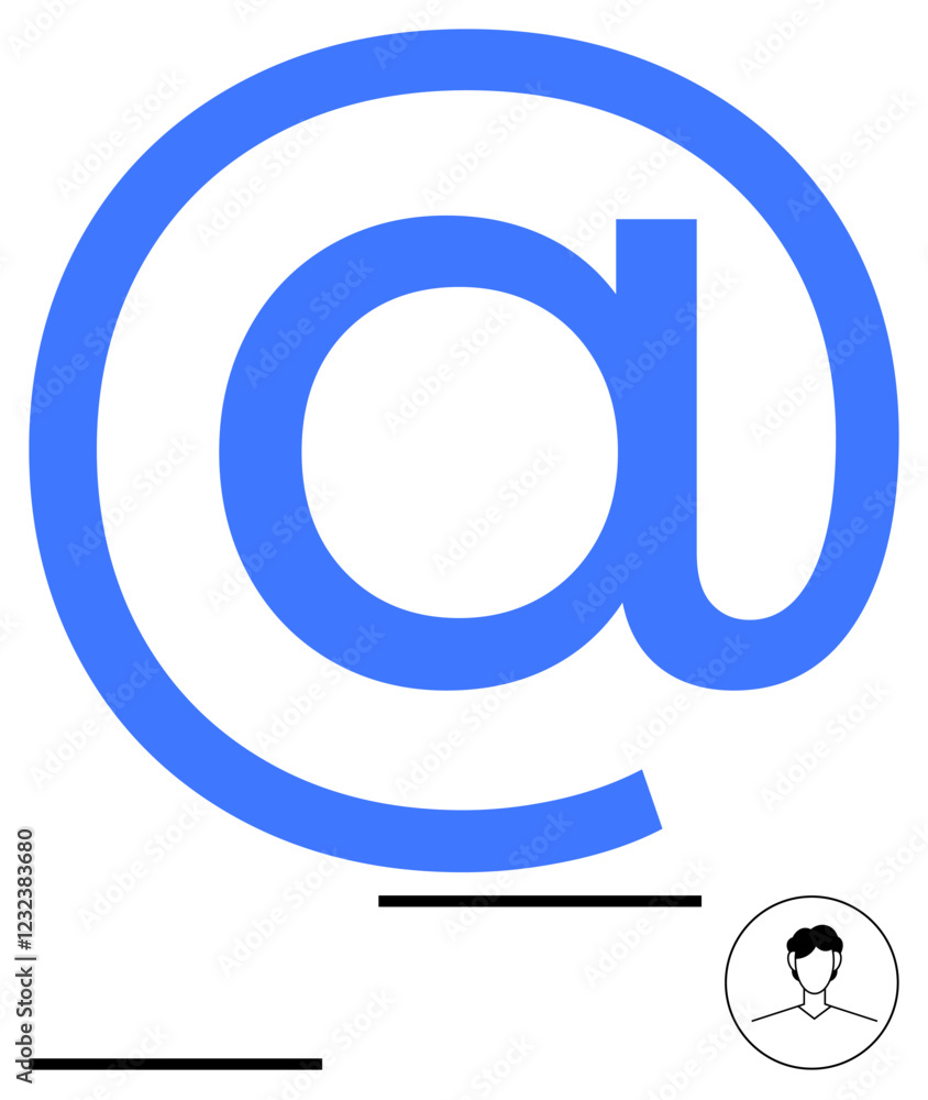 Large blue at-sign overlaying minimalistic lines and a user avatar. Ideal for email, online identity, communication, networking, social media, user interface, technology. Abstract line flat metaphor Large blue at-sign overlaying minimalistic lines and a user avatar. Ideal for email, online identity, communication, networking, social media, user interface, technology. Abstract line flat metaphor