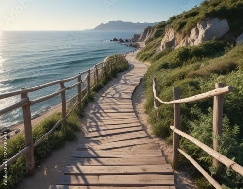 Coastal wooden path winding along the seafront, boardwalk, seasideresort, nautical, seaspray, seaside photo