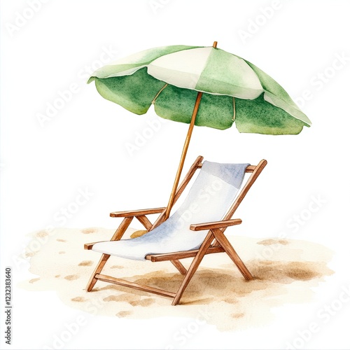 Relaxing beach chair with green umbrella on sandy shore, watercolor clipart