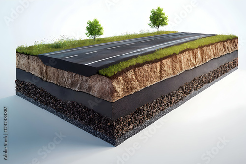 Cross-sectional diagram of a roadway displaying asphalt layers and subbase, ideal for engineering or infrastructure concepts photo