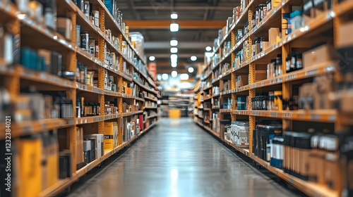 Warehouse aisle shows stocked shelves filled with various products neatly organized and readily accessible. photo