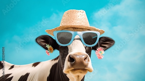 Cow wearing sunglasses and straw hat
