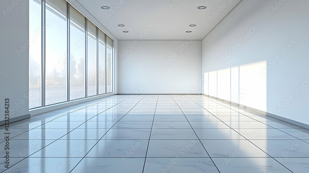 Empty Modern Office Interior with Large Windows has Tile Flooring, and Recessed Lighting with Sunlight Streaming In Empty Modern Office Interior with Large Windows has Tile Flooring, and Recessed Lighting with Sunlight Streaming In