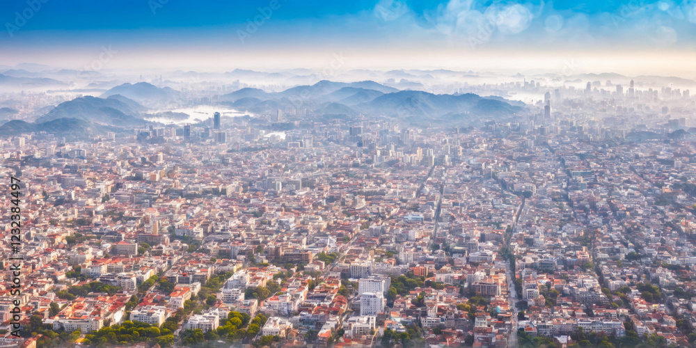 Obraz premium Aerial View of Cityscape with Mountains in the Background.
