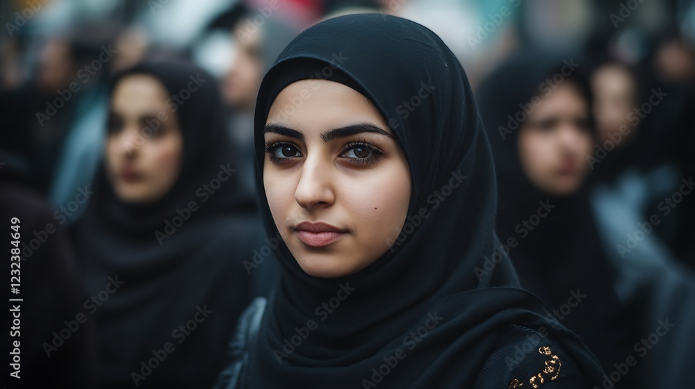 Young woman in hijab, looking at camera, amidst a blurred crowd. Young woman in hijab, looking at camera, amidst a blurred crowd.