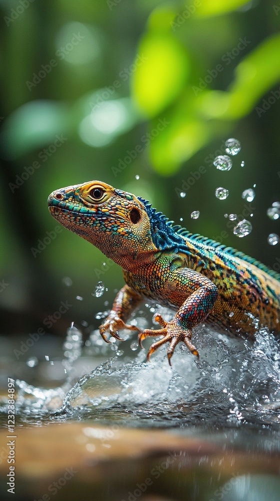 Colorful lizard walking through water with splash. Colorful lizard walking through water with splash.