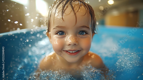 Smiling Child Plays in Wate...