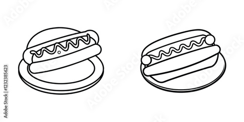 Line Art Illustration of a Hot Dog on a Plate