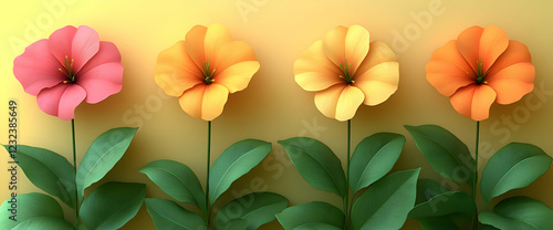 Wallpaper Mural Vibrant Pink Orange Yellow Hibiscus Flowers with Green Dewy Leaves on Yellow Background Torontodigital.ca