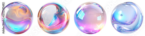 Holographic liquid 3d render bubble isolated on transparent background, PNG, Set of