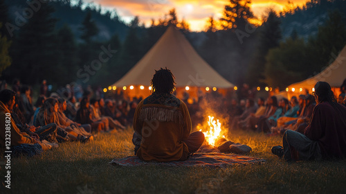 People of color participating in a traditional storytelling event, seated around a warm campfire photo