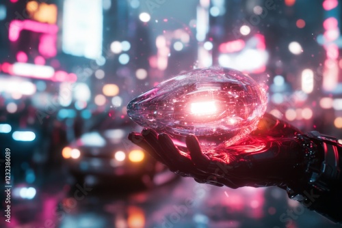 A detailed 3D illustration of a person holding a glowing object in their hands, persuading a crowd of diverse characters gathered in a futuristic town square photo