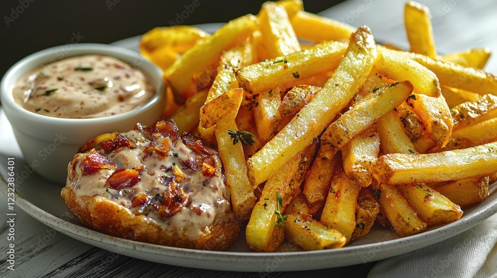 A delicious plate of crispy golden fries and savory dip served on a rustic table A delicious plate of crispy golden fries and savory dip served on a rustic table