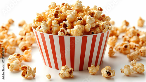 Popcorn fills a red and whi...