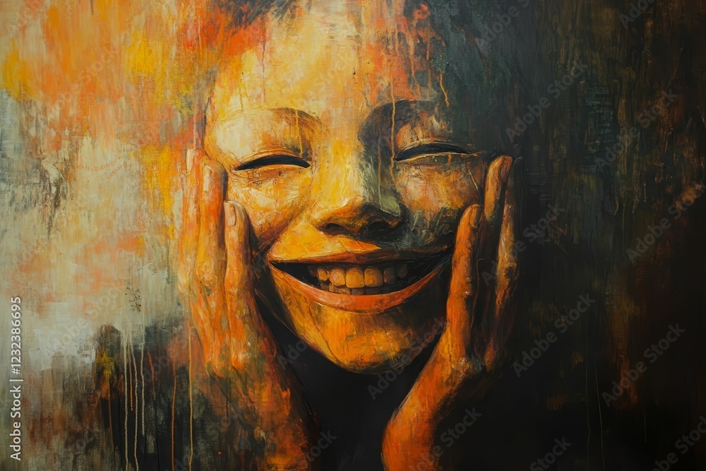 Fototapeta premium Abstract painting of a smiling face with hands.
