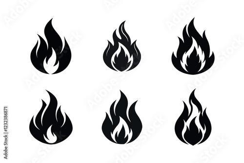 Six Abstract Fire Icons on White Background