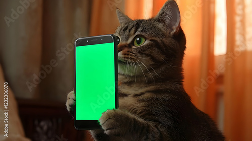 A Tabby Cat Holds a Smartph...