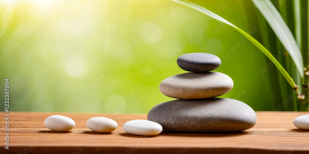 Stacked Stones and Bamboo Leaf on Wooden Surface. Stacked Stones and Bamboo Leaf on Wooden Surface.