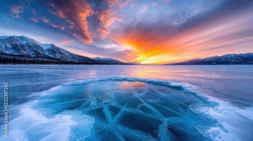 An awe-inspiring sunset casts vibrant colors over a frozen lake, with majestic mountains in the background, creating a peaceful and breathtaking winter scene.