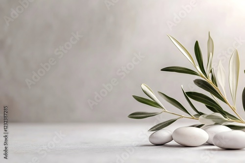 Olive branch with white stones on gray background. Zen spa wellness banner with copy space