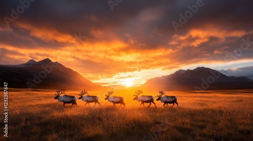 A herd of majestic reindeer moving gracefully at sunset, silhouetted against a stunning backdrop of fiery sky, epitomizing the beauty and charm of wilderness at dusk.