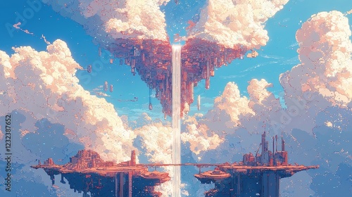 Enchanted Ascending Waterfall, a captivating pixel art scene illustrating a waterfall flowing upward into the sky, infused with a sense of mystical energy and wonder. photo