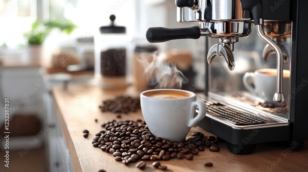 A coffee machine placed on a wooden table, surrounded by coffee beans, with a steaming mug of fresh coffee beside it A coffee machine placed on a wooden table, surrounded by coffee beans, with a steaming mug of fresh coffee beside it