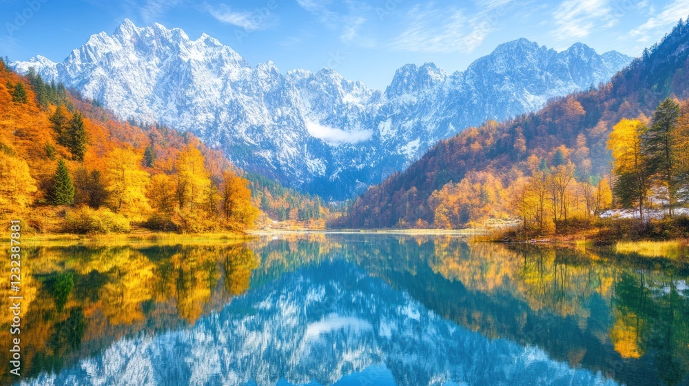 Fototapeta premium Autumnal Serenity: Majestic Mountain Lake Reflection