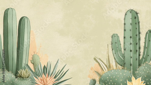 Variety of cacti on textured background.