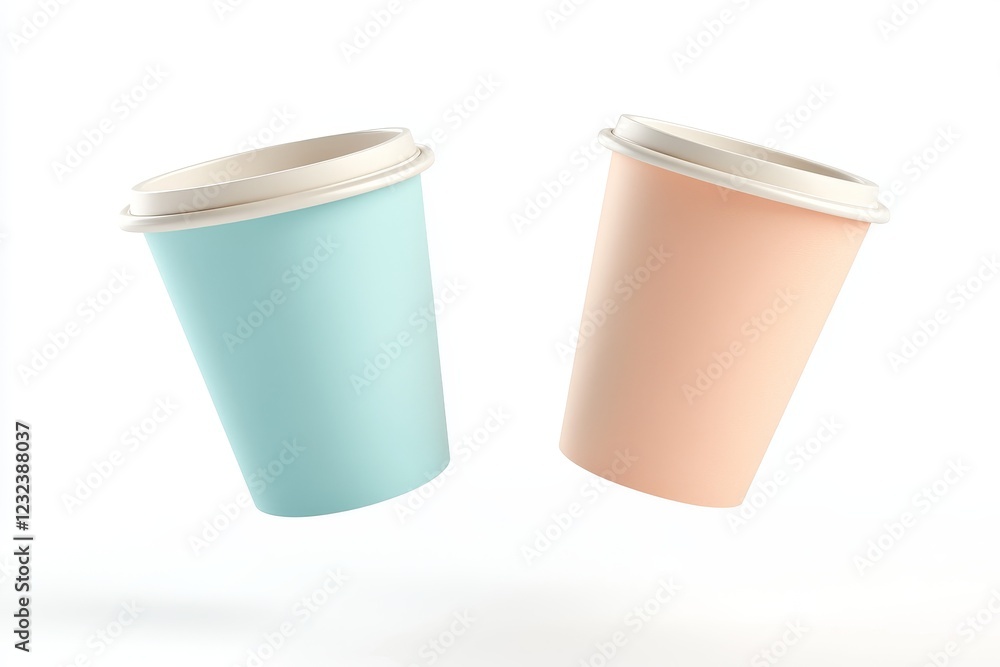 Two pastel-colored disposable paper cups with lids, floating against a white background. Two pastel-colored disposable paper cups with lids, floating against a white background.