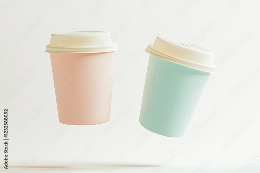 Two pastel-colored disposable coffee cups with lids levitating against a white background.