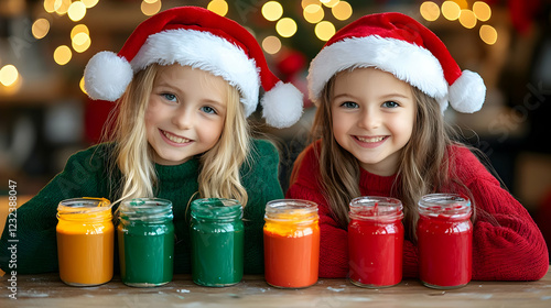 Two Kids Wearing Santa Hats...