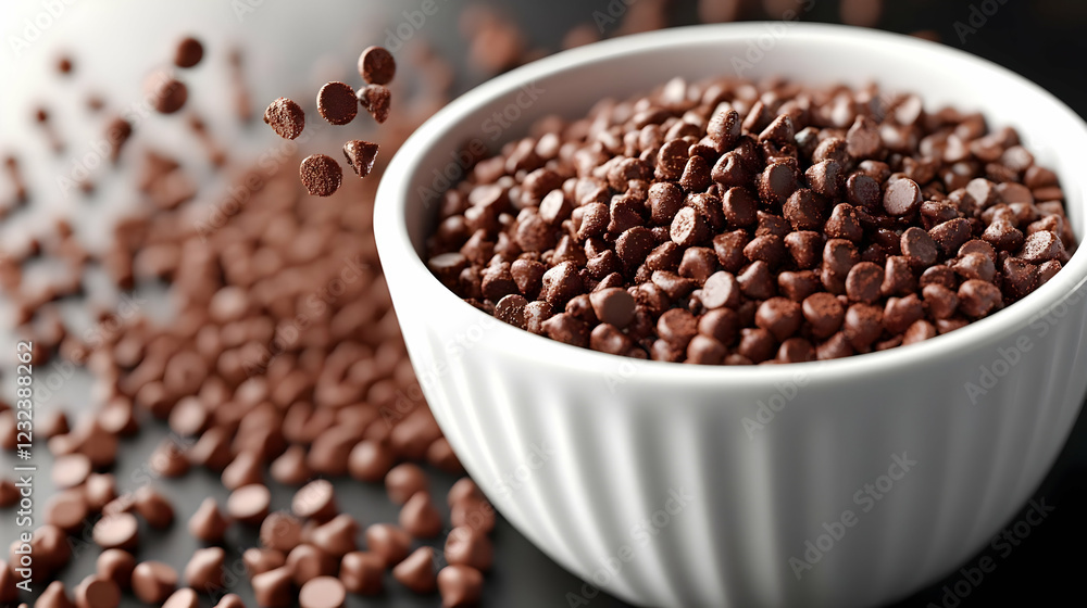 Chocolate Chips Falling into a White Bowl with More Chips Scattered Around Chocolate Chips Falling into a White Bowl with More Chips Scattered Around