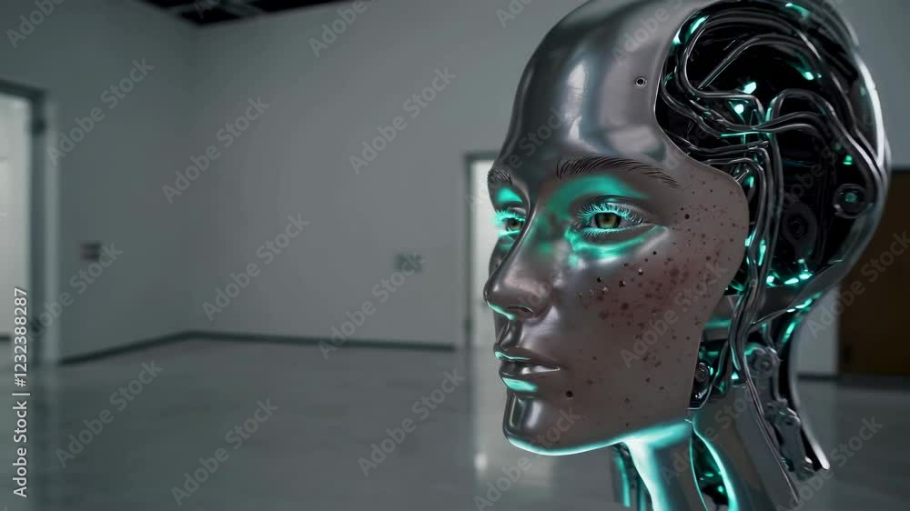 Exploring a futuristic robotic head with holographic features in an art gallery setting Exploring a futuristic robotic head with holographic features in an art gallery setting