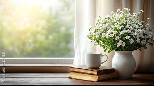White flowers in a vase sit...