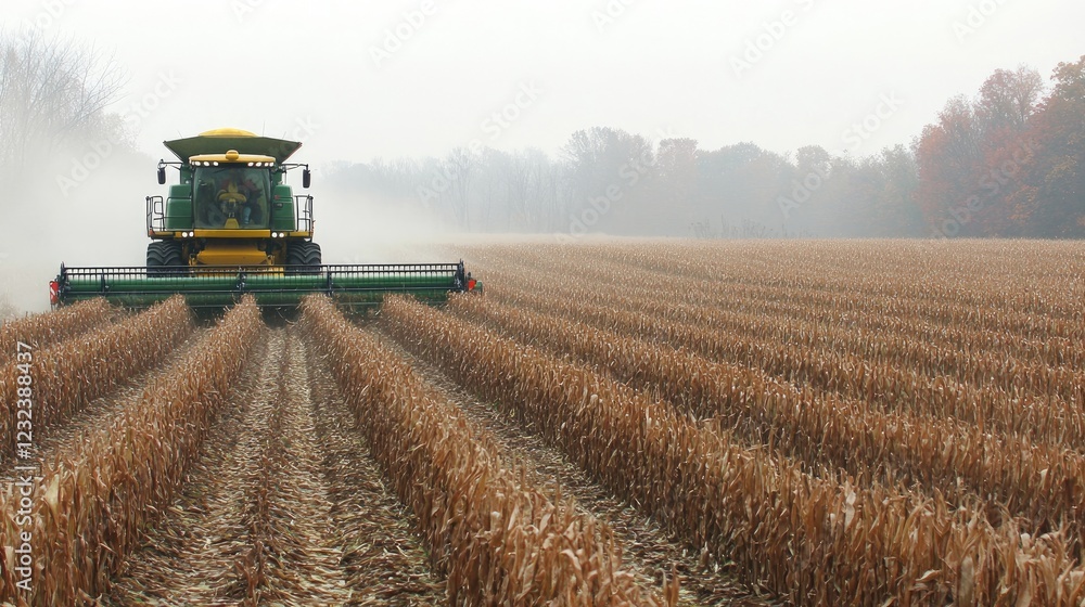 Fototapeta premium A combine harvester collecting rows of corn under a bright, overcast sky.