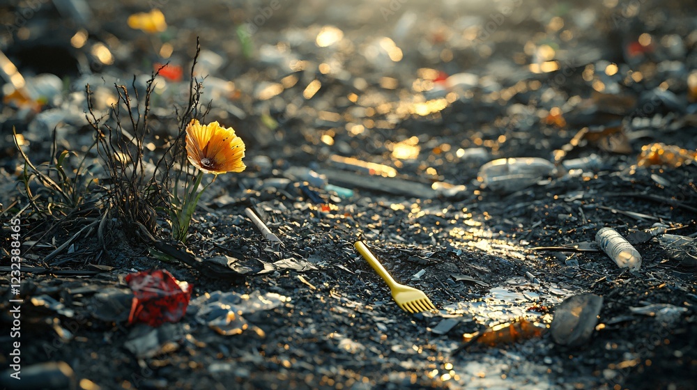 Yellow Flower Bloom Amidst Scattered Debris and Trash Polluted Environment Wasteland. Yellow Flower Bloom Amidst Scattered Debris and Trash Polluted Environment Wasteland.