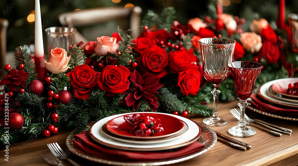 Festive Table Setting Displays Red Roses, Greenery, and Elegant Place Settings for a Holiday Celebration. Festive Table Setting Displays Red Roses, Greenery, and Elegant Place Settings for a Holiday Celebration.