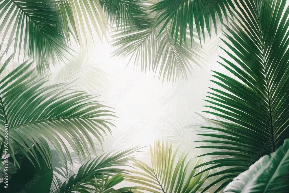 Lush Green Palm Leaves Creating a Tropical Canopy Over a Soft Background Lush Green Palm Leaves Creating a Tropical Canopy Over a Soft Background