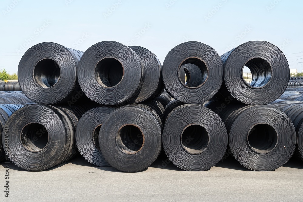 Stacked Rolls of Black Material on a Bright Day in Industrial Area Stacked Rolls of Black Material on a Bright Day in Industrial Area