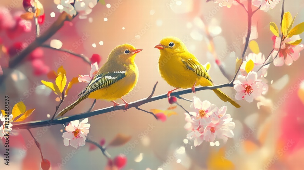 Obraz premium Two vibrant yellow birds on a branch amidst blossoms