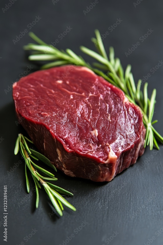 Raw pork meat on a wooden board with rosemary, Generative AI, Raw pork meat on a wooden board with rosemary, Generative AI,