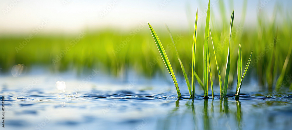 Fresh green grass growing in serene wetland with rippling water and sunlight Fresh green grass growing in serene wetland with rippling water and sunlight