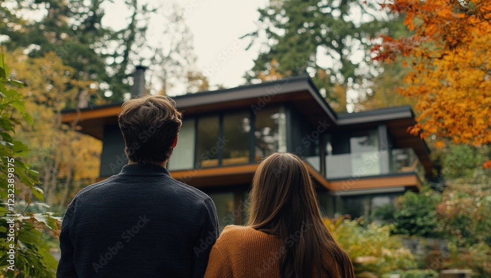 Fototapeta premium Couple Admiring Their New Dream Home in Autumn